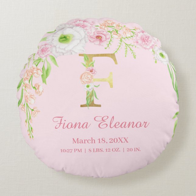 Elegant Floral Monogram Baby Stats Round Pillow (Front)