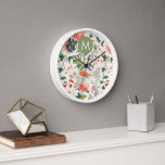 Elegant Floral Monogram Clock<br><div class="desc">Elegant Vintage Style Floral Background Spring Green Monogram Initial Home Office Kitchen Living Room Bathroom Clock White Wooden Frame</div>