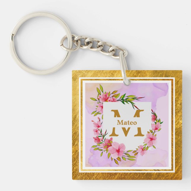 Elegant Floral Monogram I Name & Initial Keychain (Front)