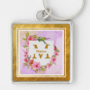 Elegant Floral Monogram I Name & Initial Keychain