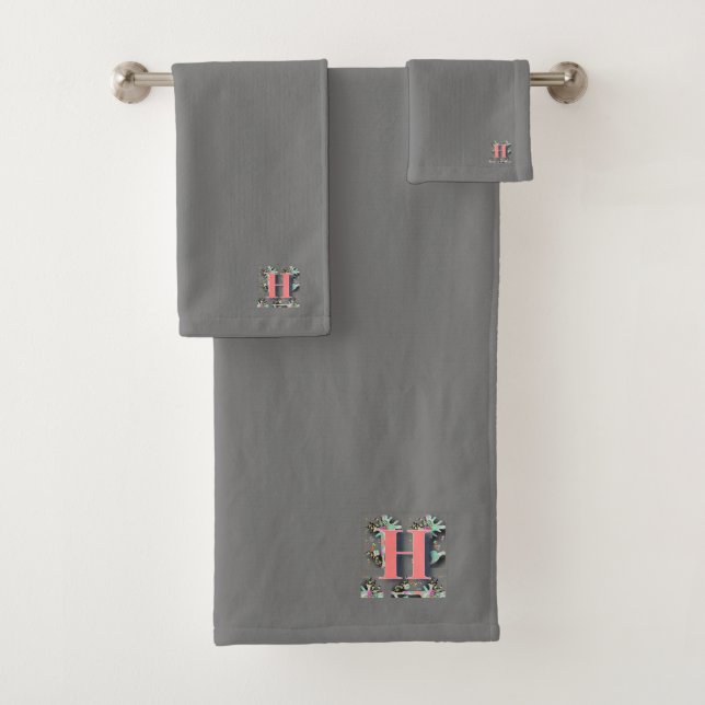 ELEGANT FLORAL MONOGRAM INITIAL H  BATH TOWEL SET (Insitu)
