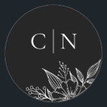 Elegant Floral Monogram Initials Black Wedding  Classic Round Sticker<br><div class="desc">These simple,  elegant wedding envelope seals feature a floral line drawing in white and two monogram initial text templates over a custom colour background (shown in pure black).</div>