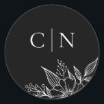 Elegant Floral Monogram Initials Black Wedding  Classic Round Sticker<br><div class="desc">These simple,  elegant wedding envelope seals feature a floral line drawing in white and two monogram initial text templates over a custom colour background (shown in pure black).</div>