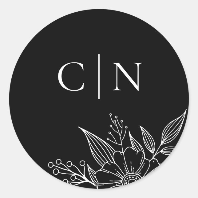 Elegant Floral Monogram Initials Black Wedding  Classic Round Sticker (Front)