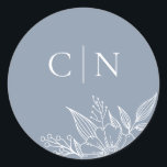 Elegant Floral Monogram Initials Blue Wedding  Classic Round Sticker<br><div class="desc">These simple,  elegant wedding envelope seals feature a floral line drawing in white and two monogram initial text templates over a custom colour background (shown in dusty blue).</div>
