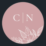Elegant Floral Monogram Initials Blush Wedding  Classic Round Sticker<br><div class="desc">These simple,  elegant wedding envelope seals feature a floral line drawing in white and two monogram initial text templates over a custom colour background (shown in blush pink).</div>