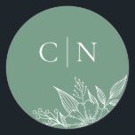 Elegant Floral Monogram Initials Green Wedding  Classic Round Sticker<br><div class="desc">These simple,  elegant wedding envelope seals feature a floral line drawing in white and two monogram initial text templates over a custom colour background (shown in mint green).</div>