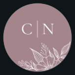 Elegant Floral Monogram Initials Mauve Wedding  Classic Round Sticker<br><div class="desc">These simple,  elegant wedding envelope seals feature a floral line drawing in white and two monogram initial text templates over a custom colour background (shown in mauve).</div>