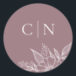 Elegant Floral Monogram Initials Mauve Wedding  Classic Round Sticker<br><div class="desc">These simple,  elegant wedding envelope seals feature a floral line drawing in white and two monogram initial text templates over a custom colour background (shown in mauve).</div>