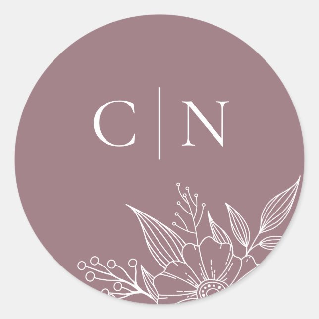 Elegant Floral Monogram Initials Mauve Wedding  Classic Round Sticker (Front)