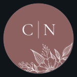 Elegant Floral Monogram Initials Rust Red Wedding  Classic Round Sticker<br><div class="desc">These simple,  elegant wedding envelope seals feature a floral line drawing in white and two monogram initial text templates over a custom colour background (shown in rust red / cinnamon).</div>