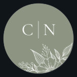 Elegant Floral Monogram Initials Sage Wedding  Classic Round Sticker<br><div class="desc">These simple,  elegant wedding envelope seals feature a floral line drawing in white and two monogram initial text templates over a custom colour background (shown in sage green).</div>
