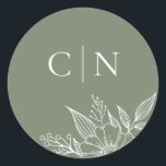 Elegant Floral Monogram Initials Sage Wedding  Classic Round Sticker<br><div class="desc">These simple,  elegant wedding envelope seals feature a floral line drawing in white and two monogram initial text templates over a custom colour background (shown in sage green).</div>
