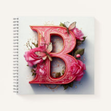Elegant Floral Monogram Letter B Pink Rose Spiral