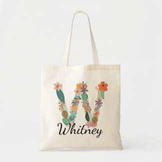 Elegant Floral Monogram Letter W Personalized Name Tote Bag
