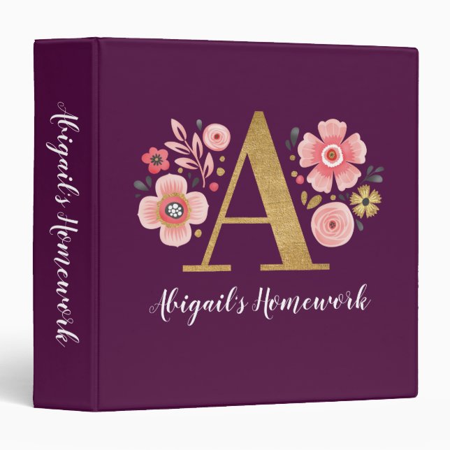 Elegant Floral Monogram Name School Binder (Front/Spine)