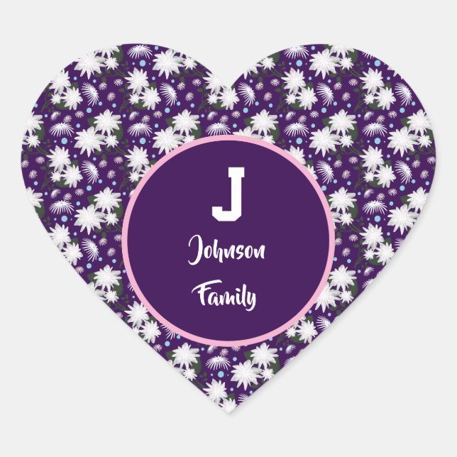 Elegant Floral Monogram Personalized Gift Design Heart Sticker (Front)