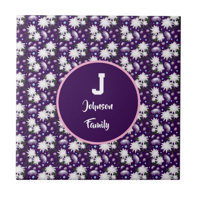 Elegant Floral Monogram Personalized Gift Design Tile (Front)
