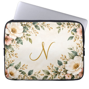  Elegant Floral Monogram Sage & Gold Laptop Sleeve