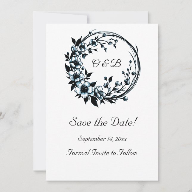 Elegant Floral Monogram Save The Date Card (Front)