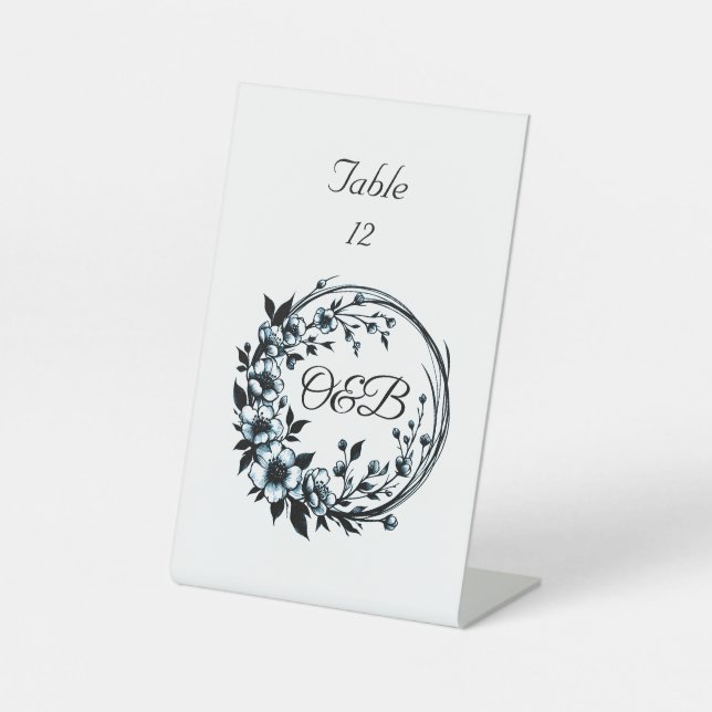 Elegant Floral Monogram Table Number Pedestal Sign (Front)