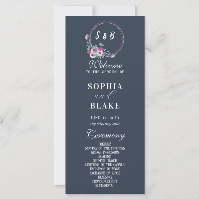 Élégant Floral Monogrammed Blue Wedding Programme (Devant)