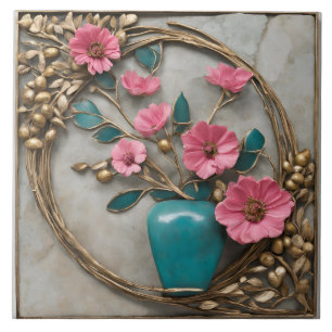 Elegant Floral Mosaic with Turquoise Vase Tile