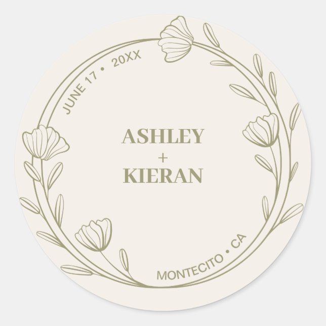 Elegant Floral Moss Green Wedding Classic Round Sticker (Front)