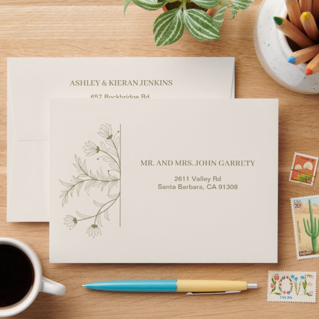 Elegant Floral Moss Green Wedding Envelope (Desk)