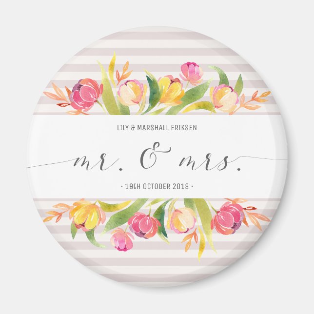 Élégant Floral Mr & Mrs Mariage | Aimant de réfrig (Devant)