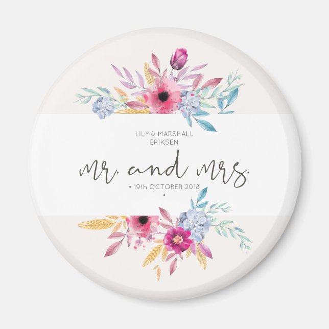 Élégant Floral Mr & Mrs Mariage | Aimant de réfrig (Devant)