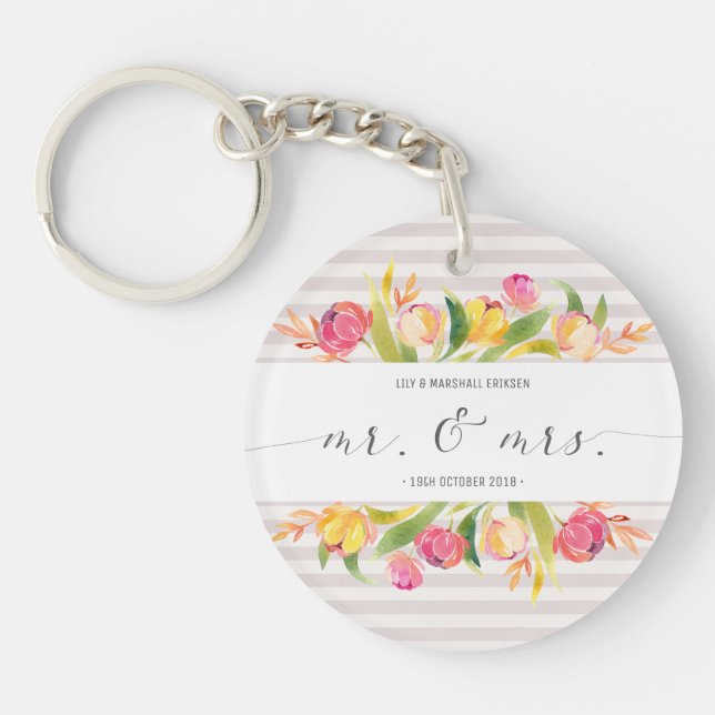 Élégant Floral Mr & Mrs Mariage | PORTE - CLÉ (Devant)