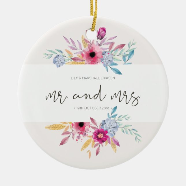 Elegant Floral Mr & Mrs Wedding | Ceramic Ornament (Front)