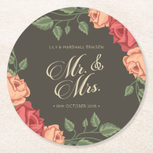 Elegant Floral Mr & Mrs Wedding Paper Coaster