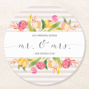Elegant Floral Mr & Mrs Wedding Paper Coaster