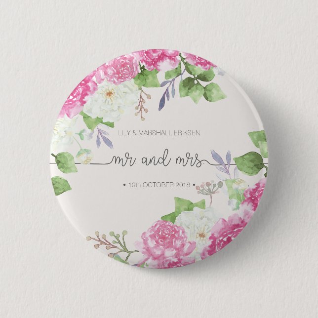 Elegant Floral Mr & Mrs Wedding | Pin Button (Front)