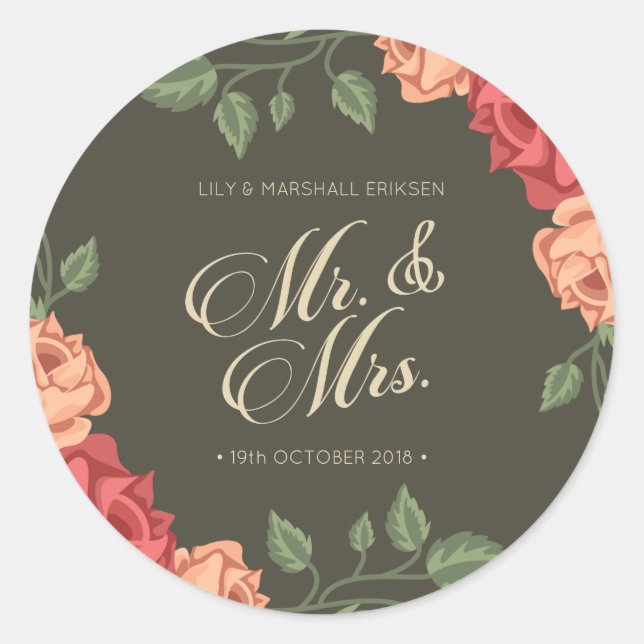 Elegant Floral Mr & Mrs Wedding | Sticker Seal (Front)