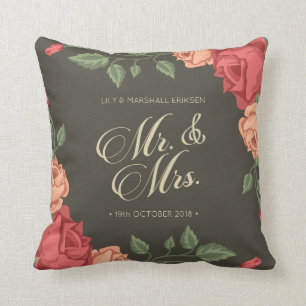 Elegant Floral Mr & Mrs Wedding Throw Pillow