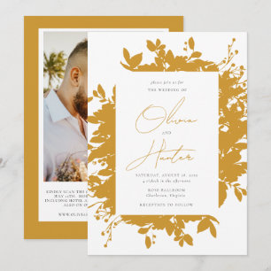 Elegant Floral Mustard Yellow QR Code Wedding Invitation