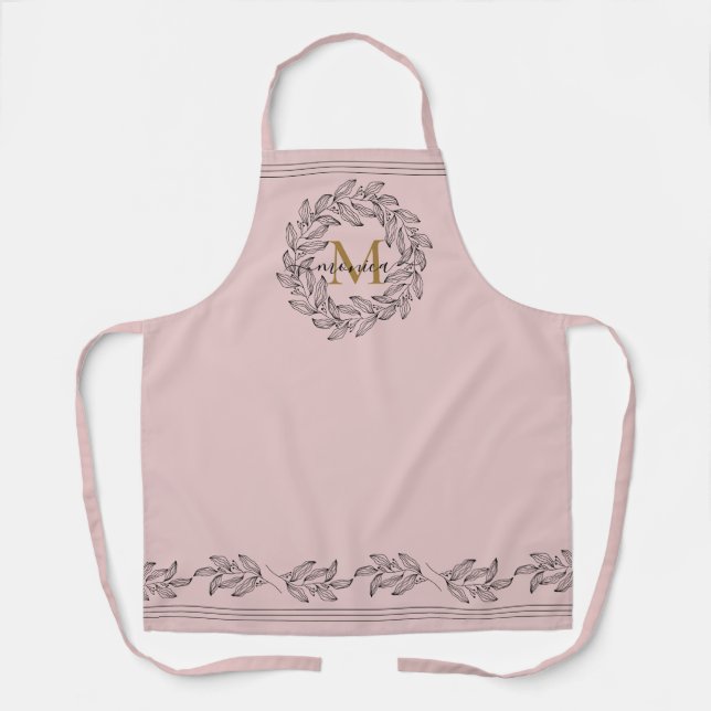 Elegant Floral Name Initial Monogram Pink Black Apron (Front)