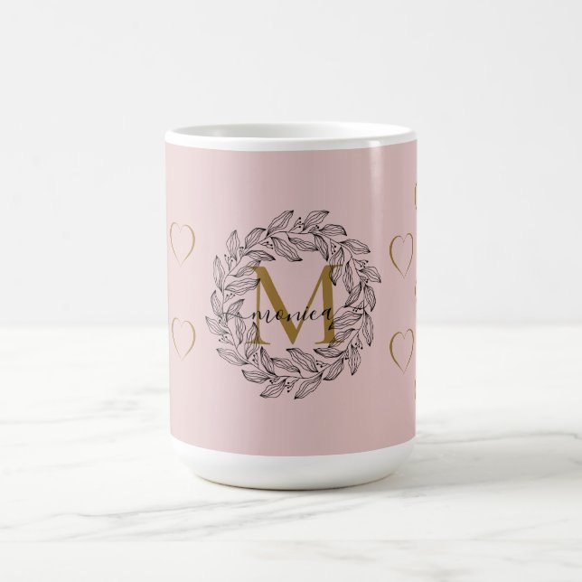 Elegant Floral Name Initial Monogram Pink Black Coffee Mug (Center)