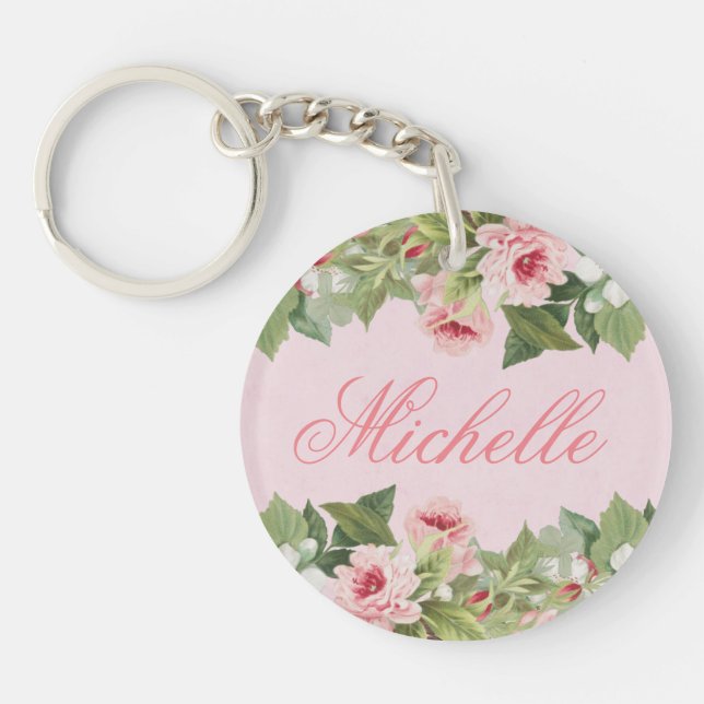 Elegant floral name keychain / keyring with flower (Front)