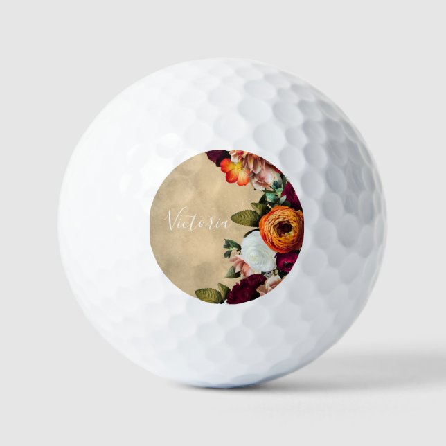 Elegant Floral Name Script Customized Rustic Golf Balls (Front)
