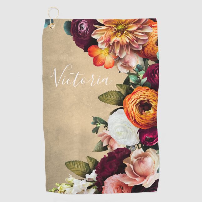 Elegant Floral Name Script Customized Rustic Golf Towel (Front)