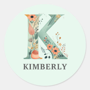 Elegant Floral Nature Letter K Personalised Name Classic Round Sticker