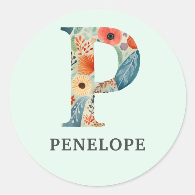Elegant Floral Nature Letter P Personalized Name Classic Round Sticker (Front)