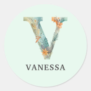 Elegant Floral Nature Letter V Personalised Name Classic Round Sticker