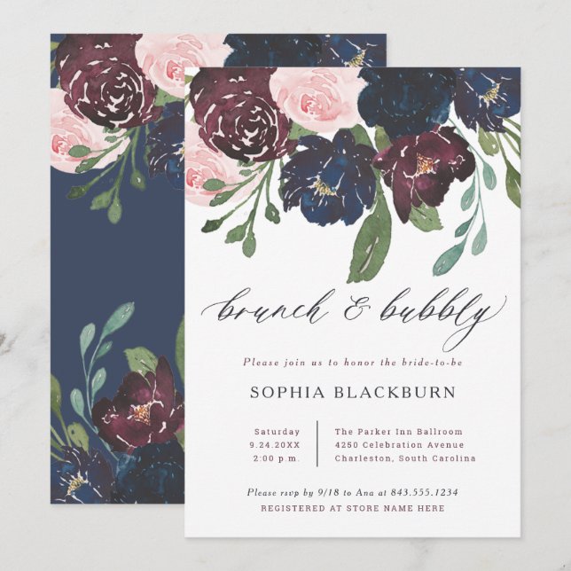 Elegant Floral Navy and Plum | Brunch and Bubbly Invitation (Front/Back)