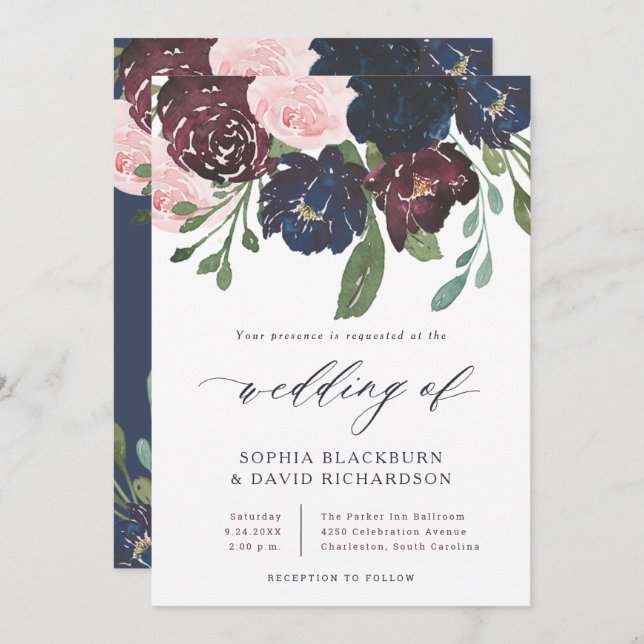 Elegant Floral Navy Blue and Plum | Wedding Invitation (Front/Back)