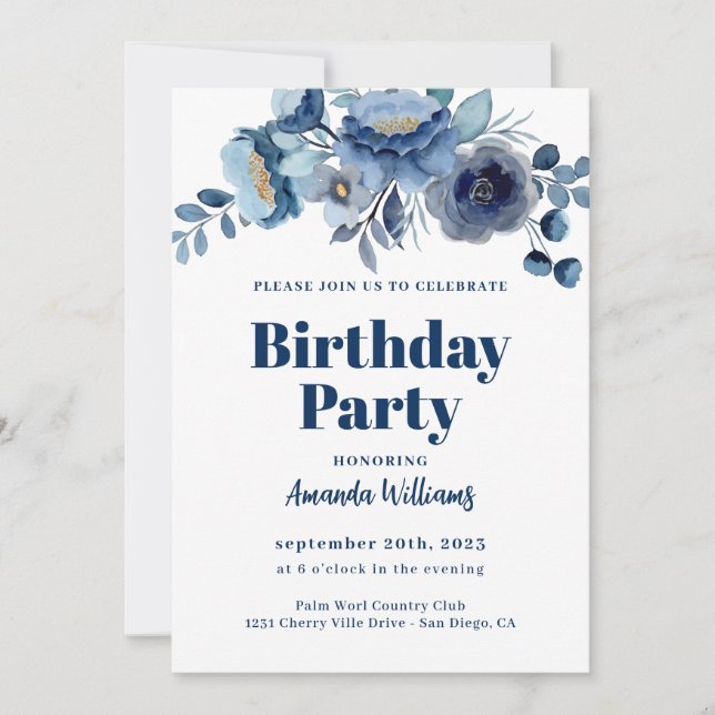 Elegant Floral Navy Blue Birthday Party Invitation (Front)